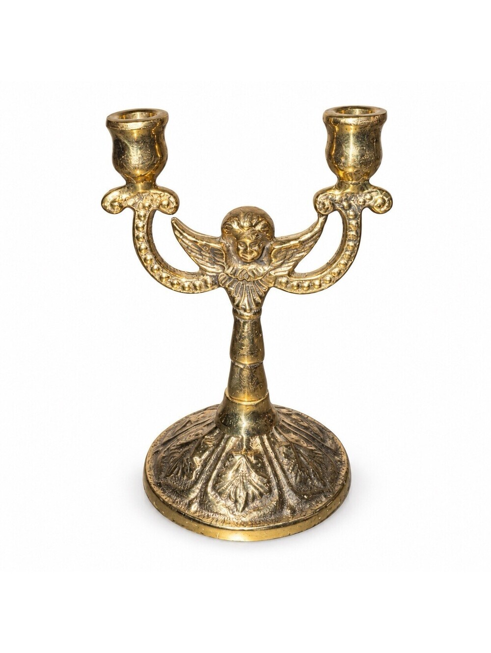 Vintage Brass Cherub Angel Double Candle Holder Ornate 4.25